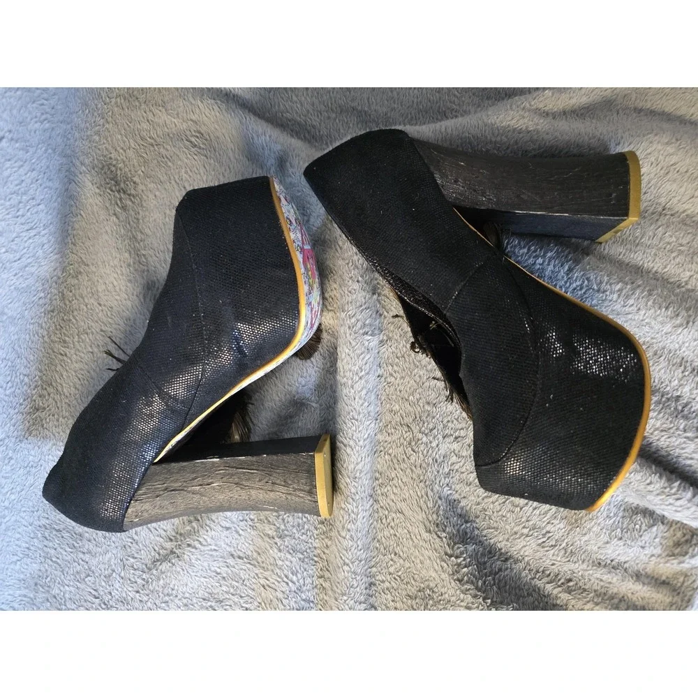 Irregular Choice Peacock Feather Wedge High Heel Platform Shoes Black 6.5